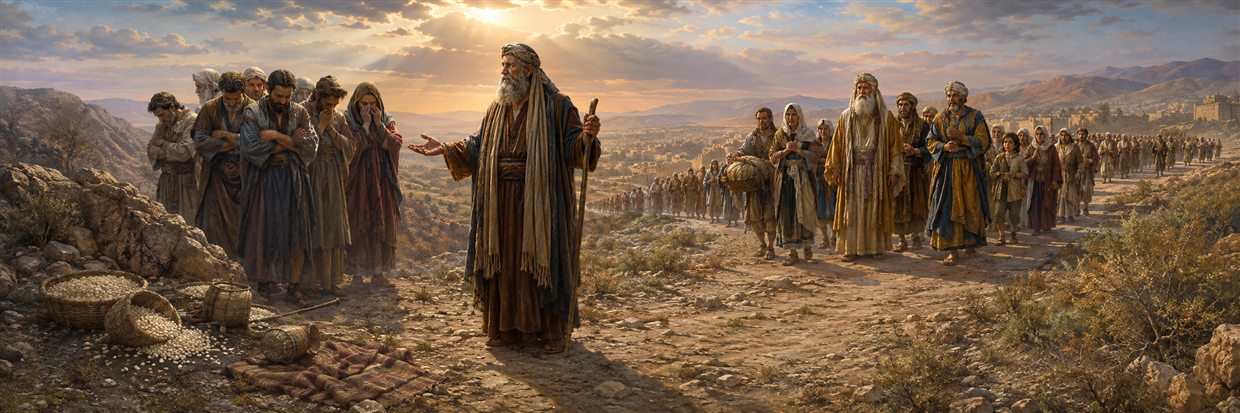 Ezra addresses an unfaithful community as a hopeful people approach from the east behind faithful leaders